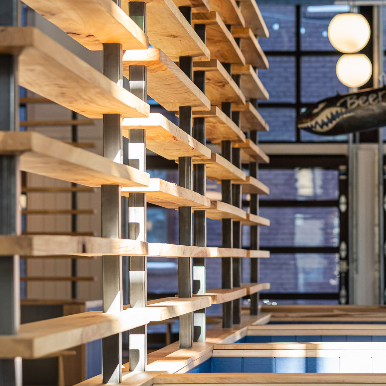 Beer and Fish Company | Fargo, ND | Floating Shelves | Custom Shelves | Dakota Timber Co | Interior Designer for Beer and Fish Co | Reclaimed Wood Shelves