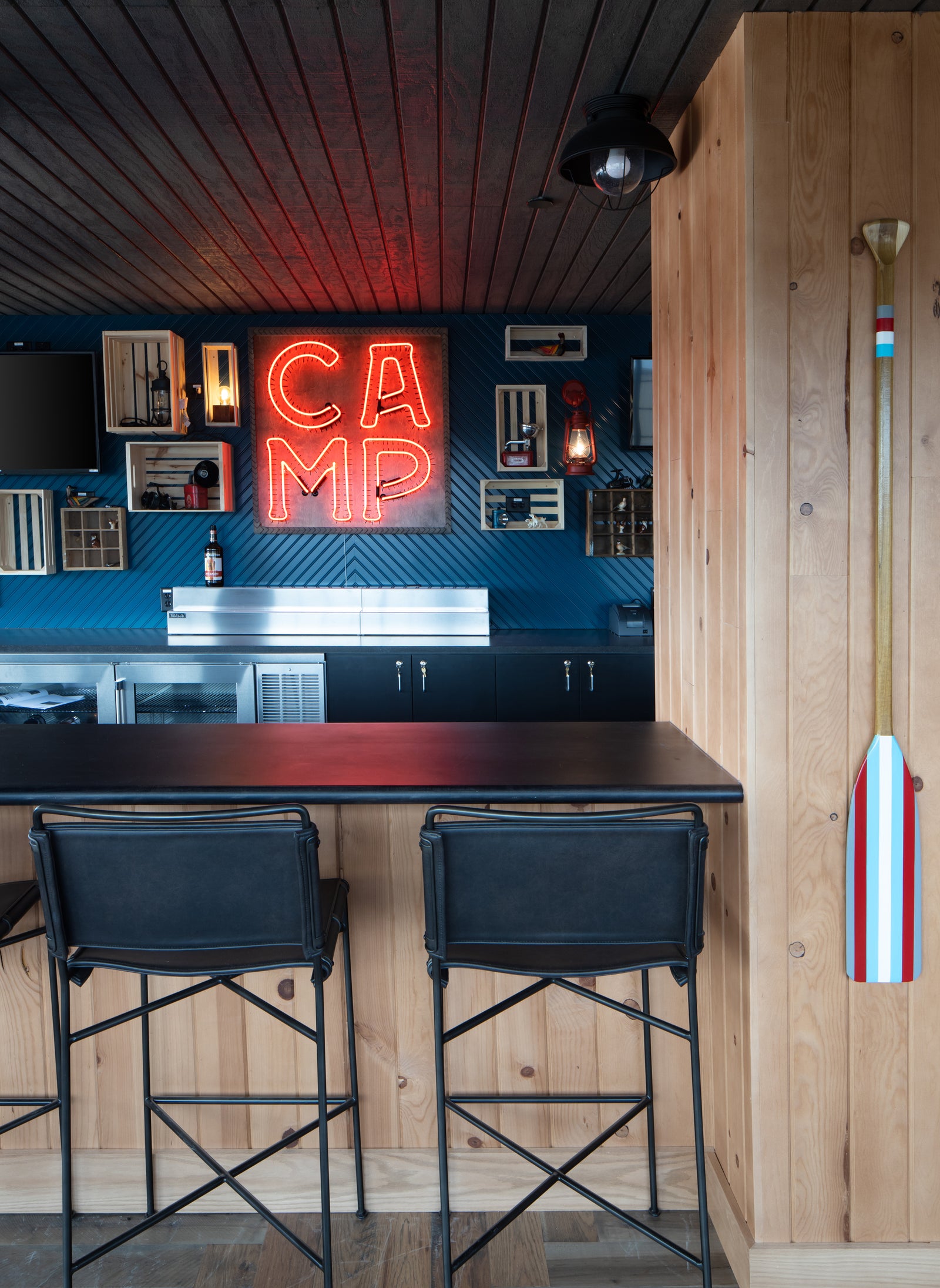 Pine Wood Paneling On Bar | 701 Eateries Fargo | Shiplap Ceiling in Bar | Shiplap Bar Front Paneling | Pine Wall Planking | Rustic Bar Design | Dakota Timber Company Pine Paneling | Fargo, ND