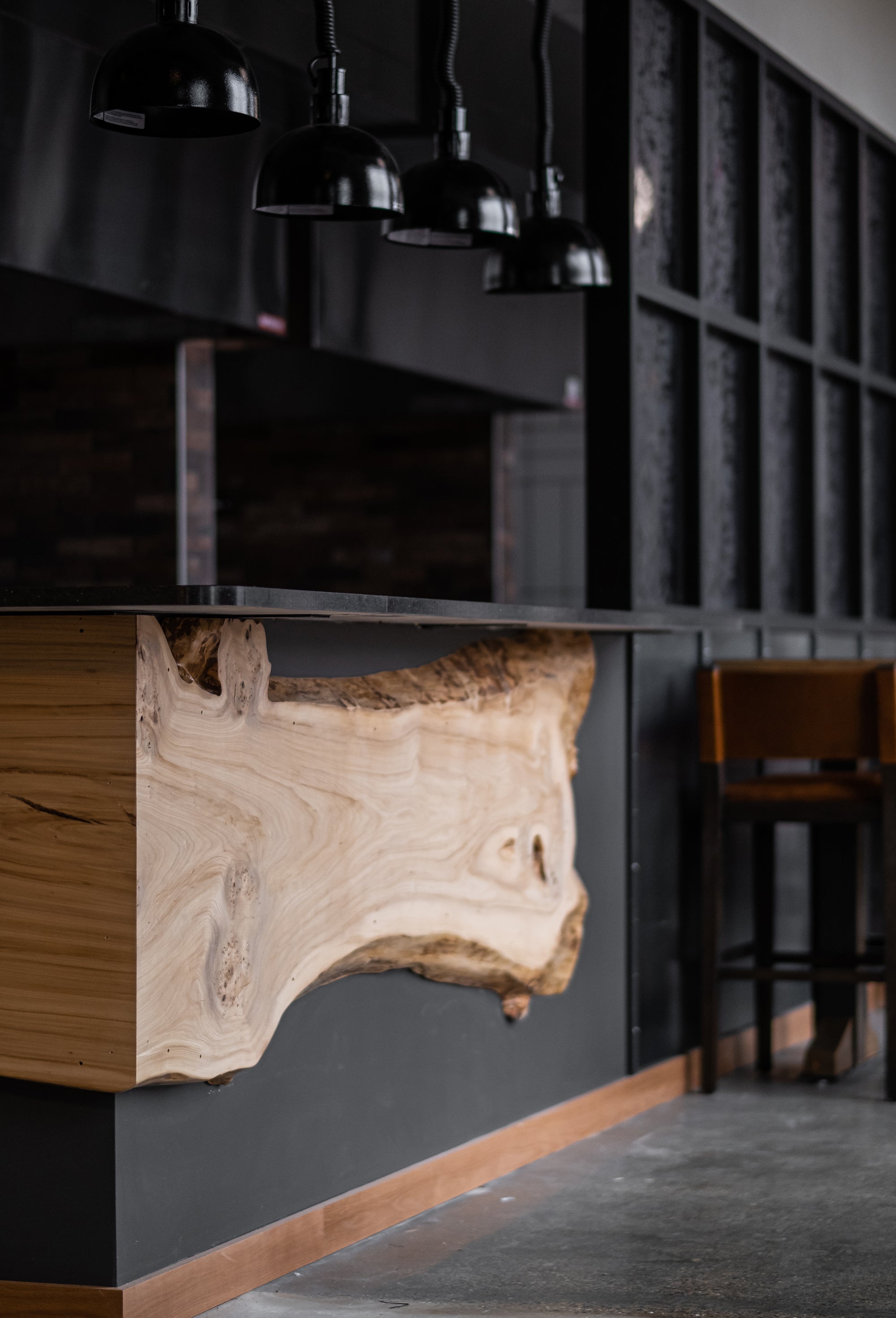 Beautiful Custom Live Edge Bar Accent Wood | Live Edge Slab Bar Top | Dakota Timber Company Live Edge Slabs | 701 Eateries Bar Design