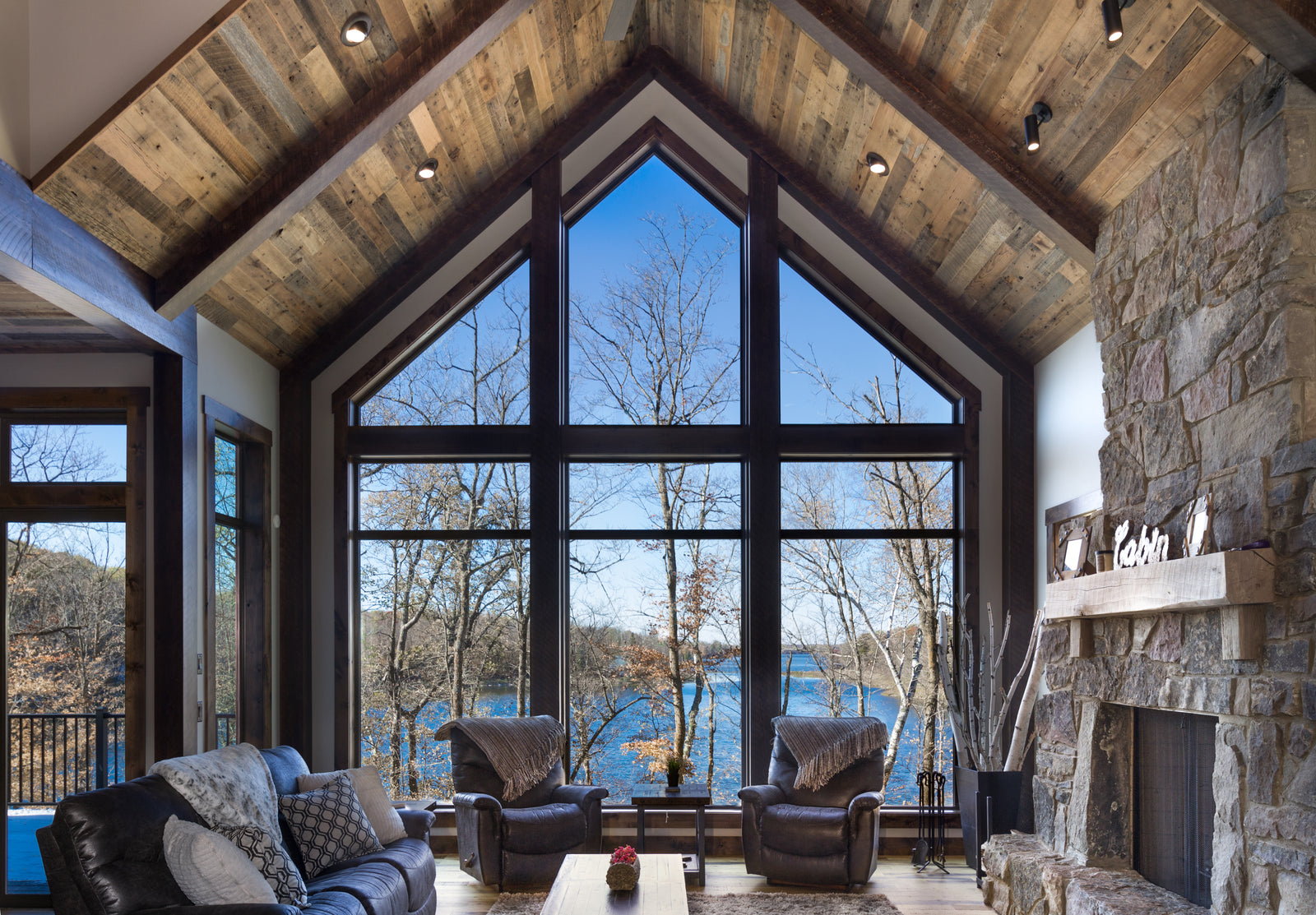 Vaulted Ceiling Wood Paneling and Timber Beams | Dakota Timber Company | Minnesota Lake Home Design