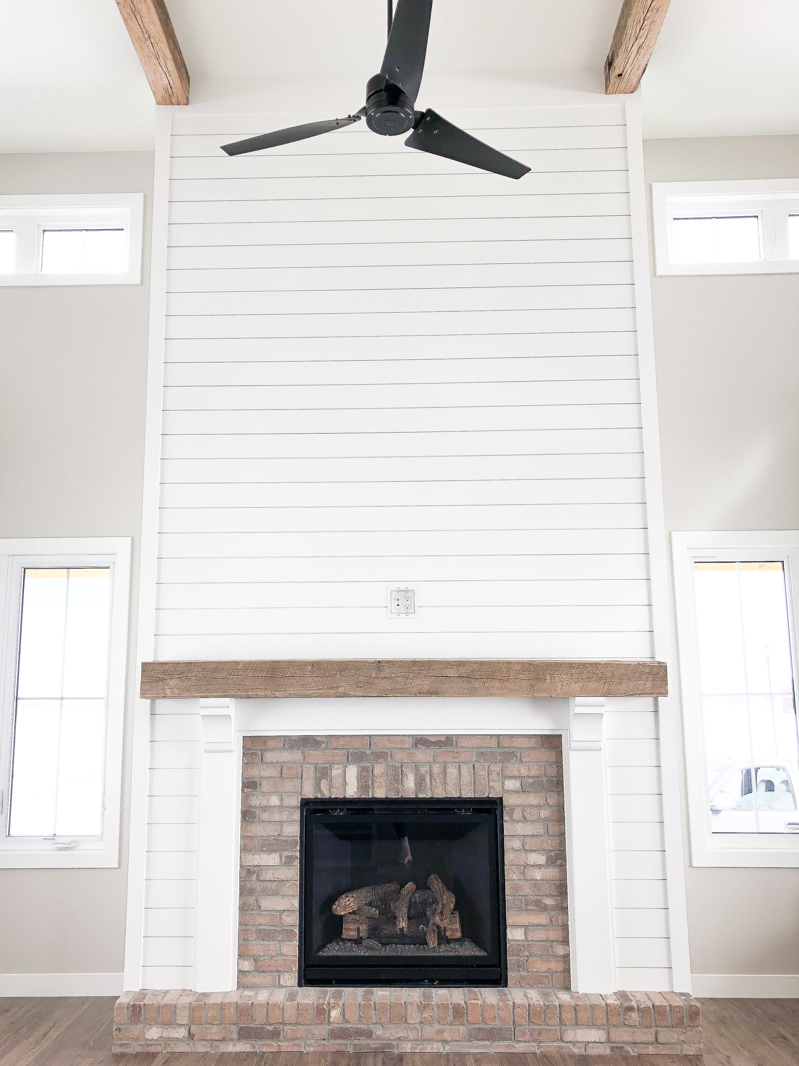 White Shiplap Fireplace With Reclaimed Mantel - Wood Rustic Mantel - Dakota TImber Co. Fireplace Mantels