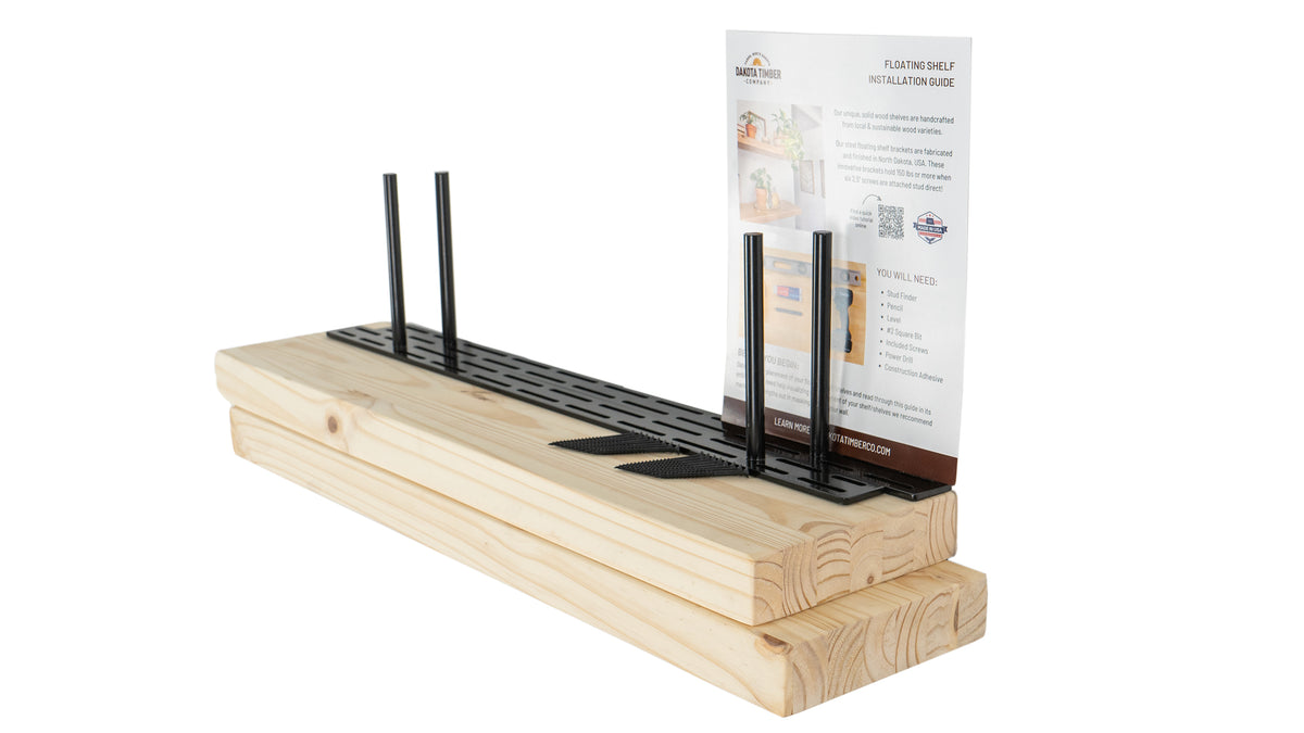 Natural Raw Wood Floating Shelf Kit - Dakota Timber Co - Set of 2 Floating Shelves - Real Wood Floating Shelf - Natural DIY Floating Shelf Kit - DIY Floating Shelves - Dakota Timber Co Shelves - Light Wood Floating Shelves - Floating Shelf Brackets - Floating Shelf Hardware