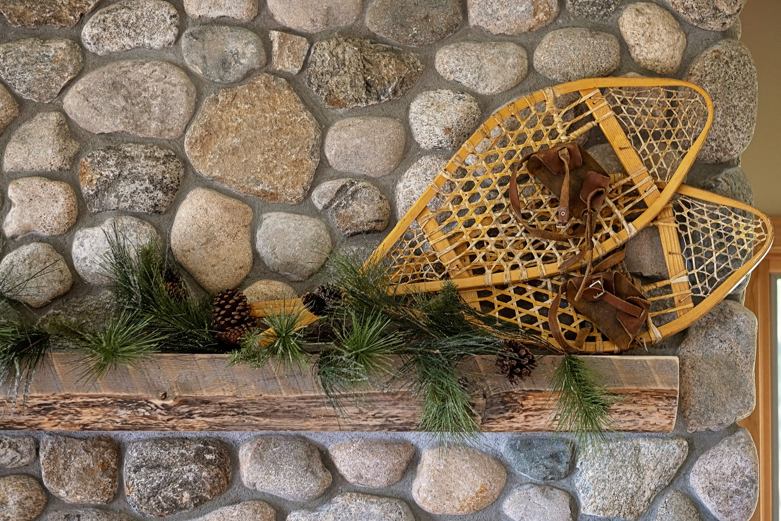 Rustic Reclaimed Live Edge Mantel - River Rock Fireplace Mantel - Dakota TImber Co Mantels