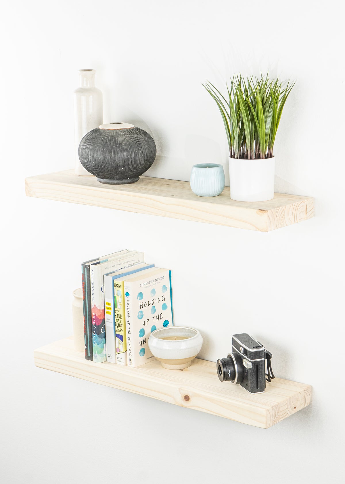 Two Natural Wood Floating Shelves - Floating Shelf Styling - Dakota TImber Co Natural Wood Unfinished Floating Shelf Kit