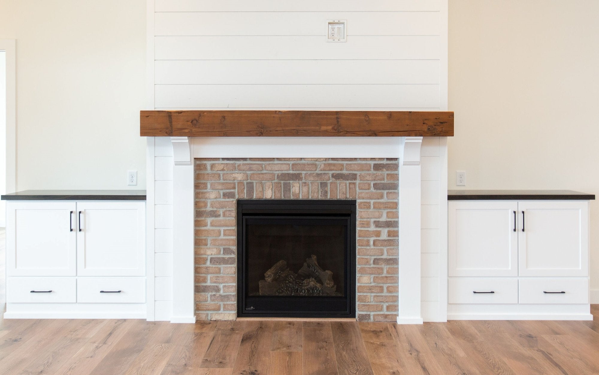 Natural Wood Fireplace Mantel - Reclaimed Mantel White Shiplap Fireplace - Dakota Timber Co