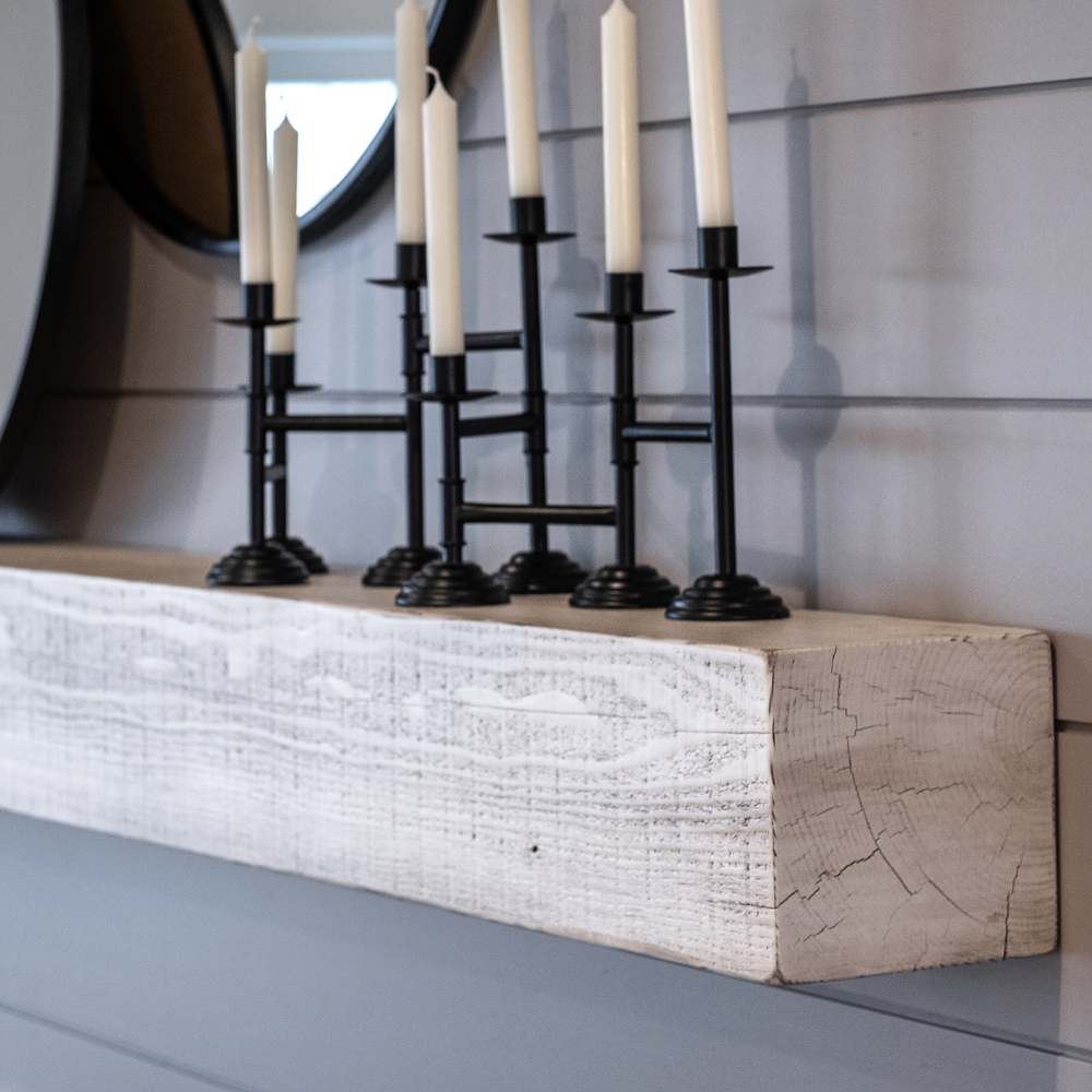 Whitewash Reclaimed Wood Fireplace Mantel | Dakota Timber Company | White Fireplace Mantle
