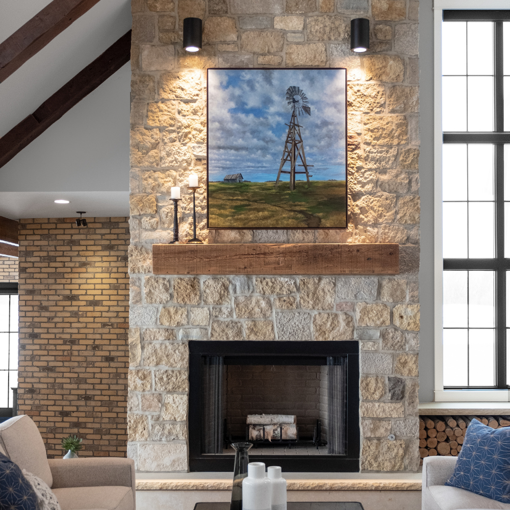 Barn Beam Fireplace Mantel - Reclaimed Mantel - Dakota Timber Co Mantels - Mantle on stone fireplace