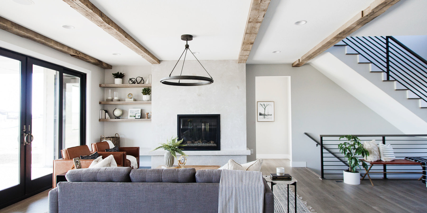 Modern Farmhouse Ceiling Beams - Light Wood Reclaimed Wood Ceiling Beams - Timbers in Living Room - Wood Floating Shelves by Fireplace - Dakota Timber Co Fargo