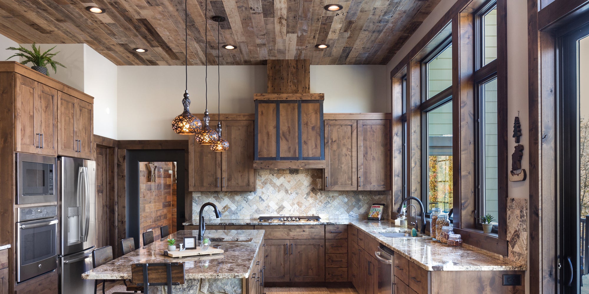 Reclaimed Wood Ceiling Paneling | Wood Ceiling Planking | Dakota Timber Company Wood Paneling | Urban Lumber | Barnwood Ceiling Paneling | Minnesota Lake Home Kitchen Design | Rustic Kitchen