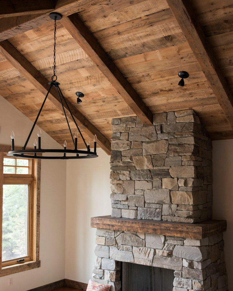 Rustic Reclaimed Wood Fireplace Mantel - Lake Cabin Montana - Mantel - Wood Fireplace Mantel with stone - Dakota Timber Co