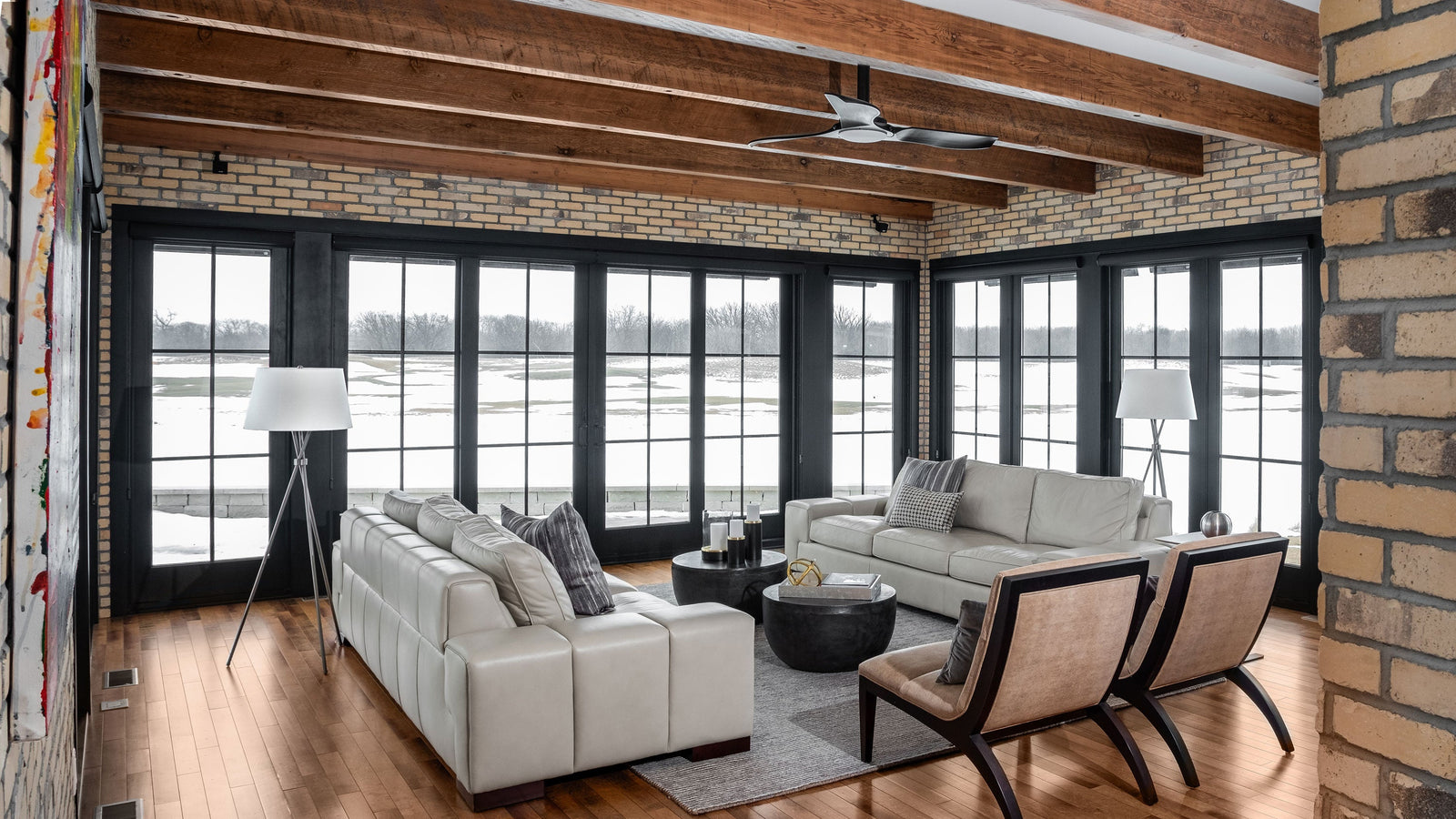 Reclaimed Barnwood Ceiling Beams | Rustic Large Ceiling Beams In Living Room | Minnesota Lake Home Interior Design | Rustic Living Room | Dakota Timber Company