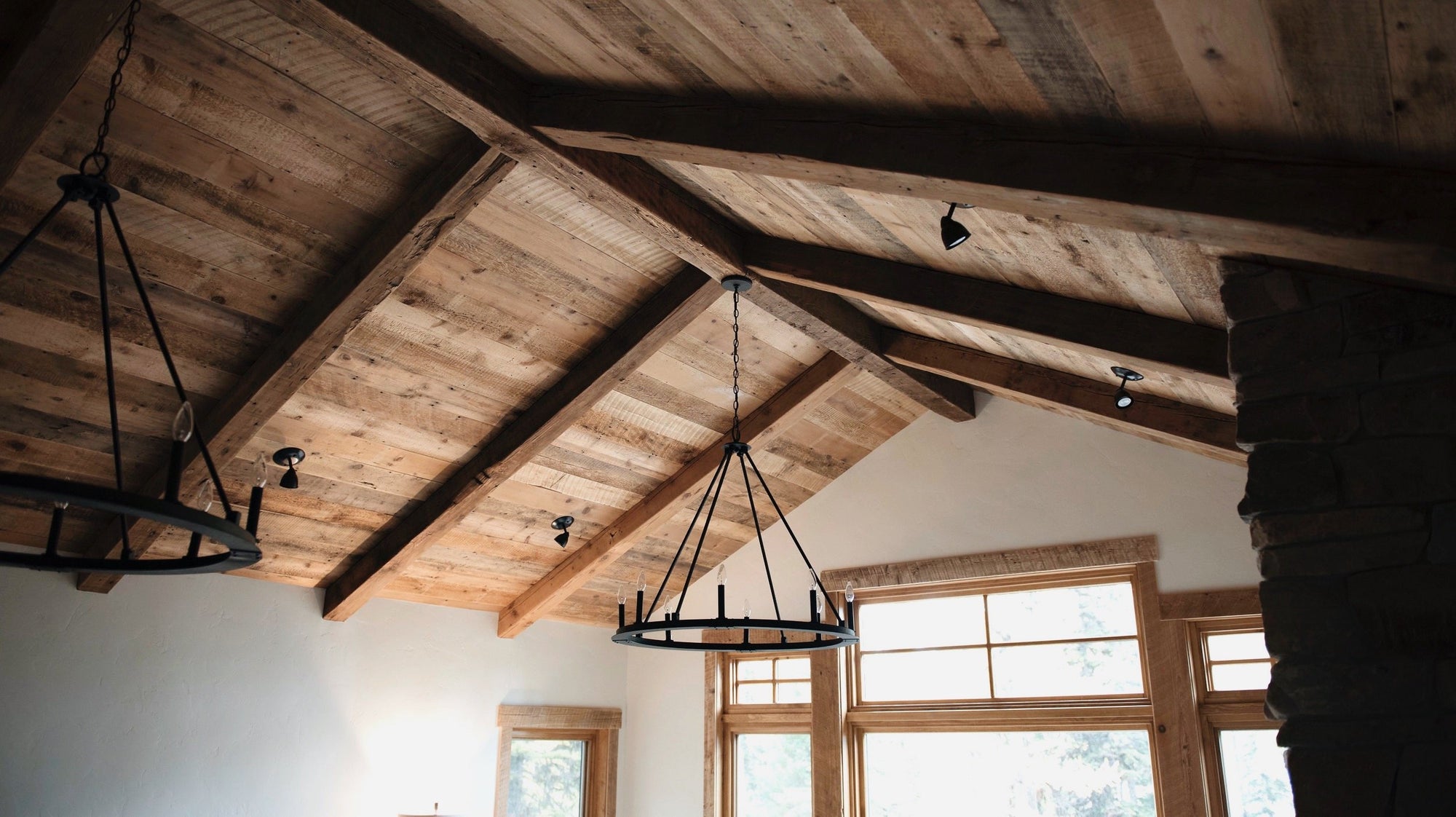 Montana Reclaimed Wood Lumber | Wood Ceiling Paneling | Reclaimed Timber Beam Ceiling Montana | Montana Lake Home Rustic Design | Custom Lake Home Kalispell MT | Dakota Timber Company Lumber