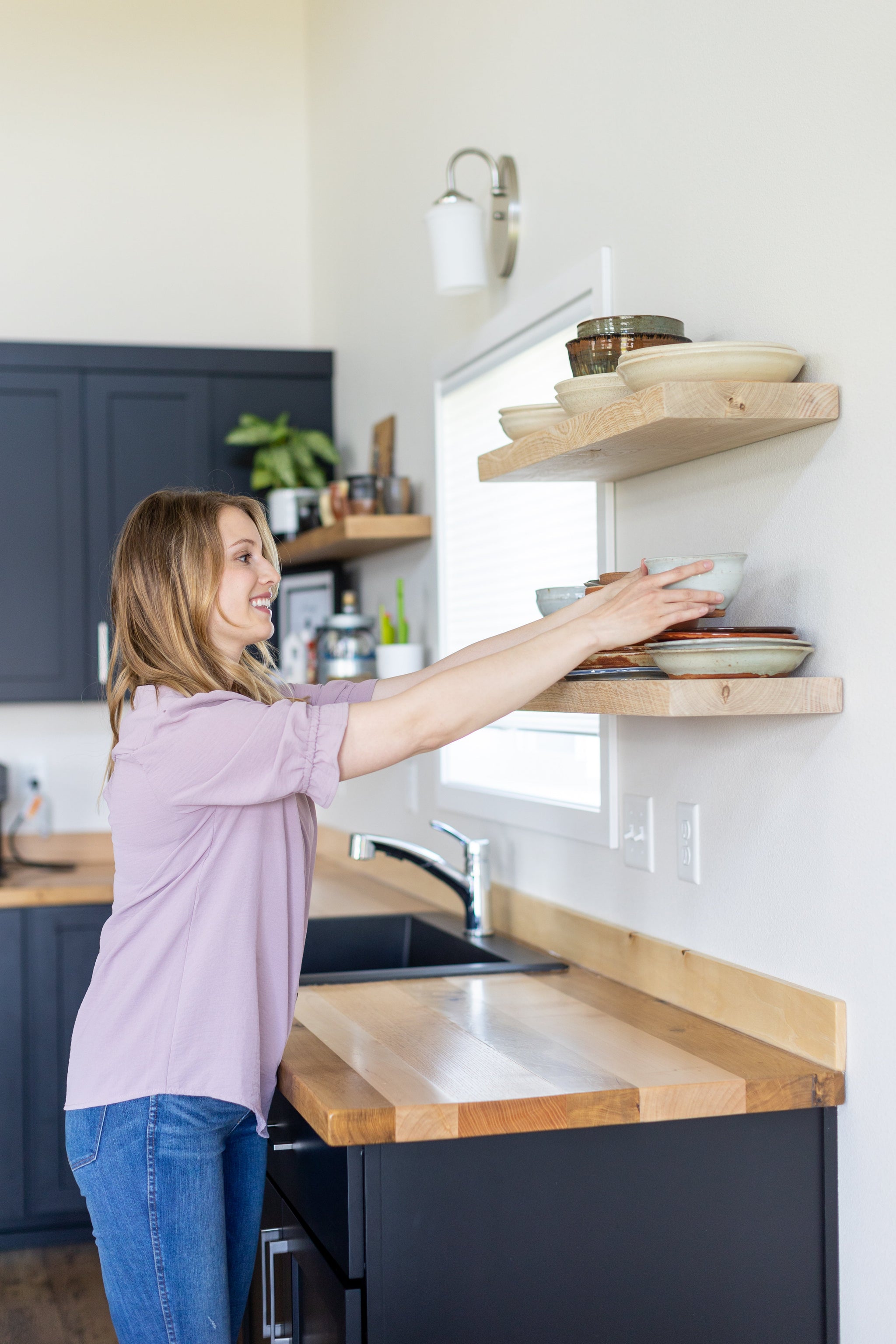 Light wood floating shop shelves